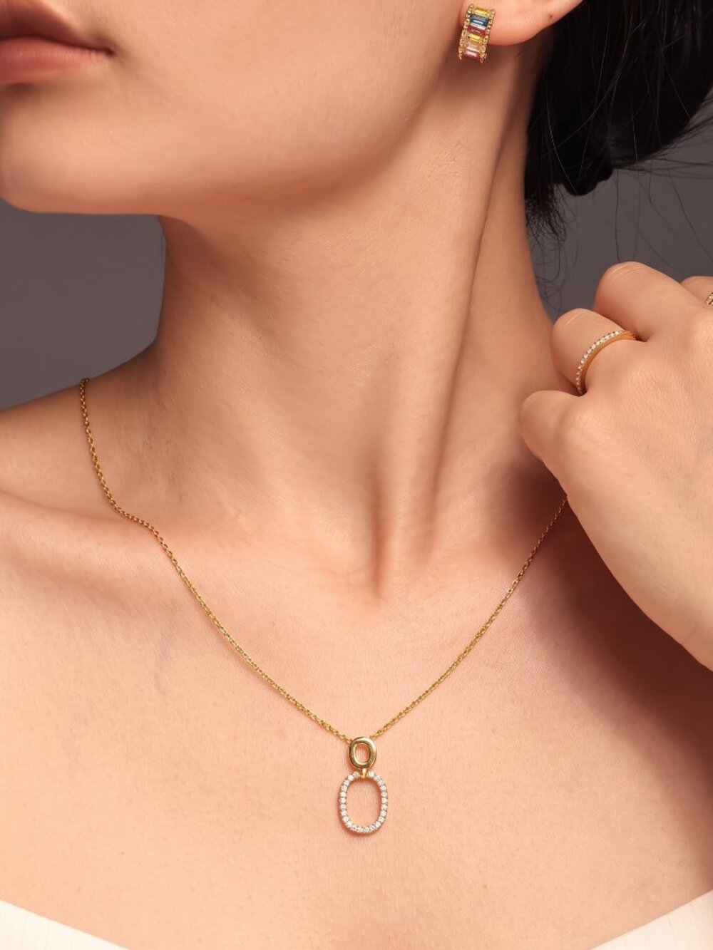 Gold Stainless Steel Interlocking Double Ring Pavé CZ Pendant Necklace Dainty
